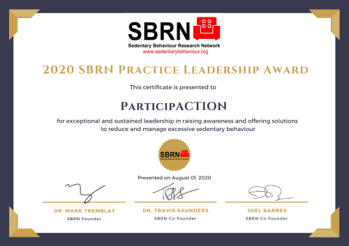 2020 SBRN Practice Award Certificate - ParticipACTION