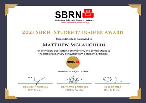 2021 SBRN Student Award Certificate - Matthew Mclaughlin