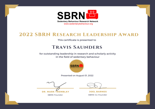 2022 SBRN Research Award Certificate - Travis Saunders