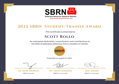 2022 SBRN Trainee Award Certificate - Scott Rollo