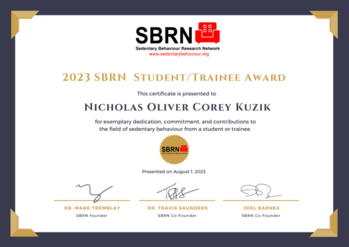 2023 SBRN Trainee Award Certificate - Corey Kuzik